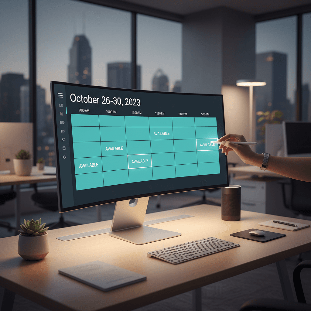 User selecting available morning swim time slot on digital booking calendar displayed on desktop computer monitor