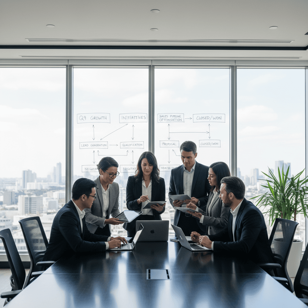 Professional business development team in modern office collaborating on lead strategy and pipeline management