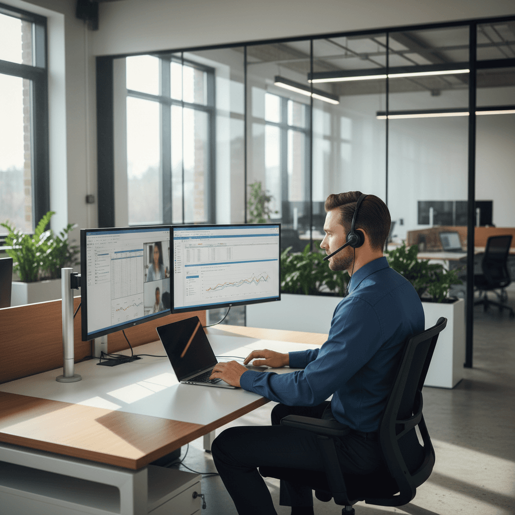 Male customer service representative with headset at modern workstation, focused and engaged in professional office.