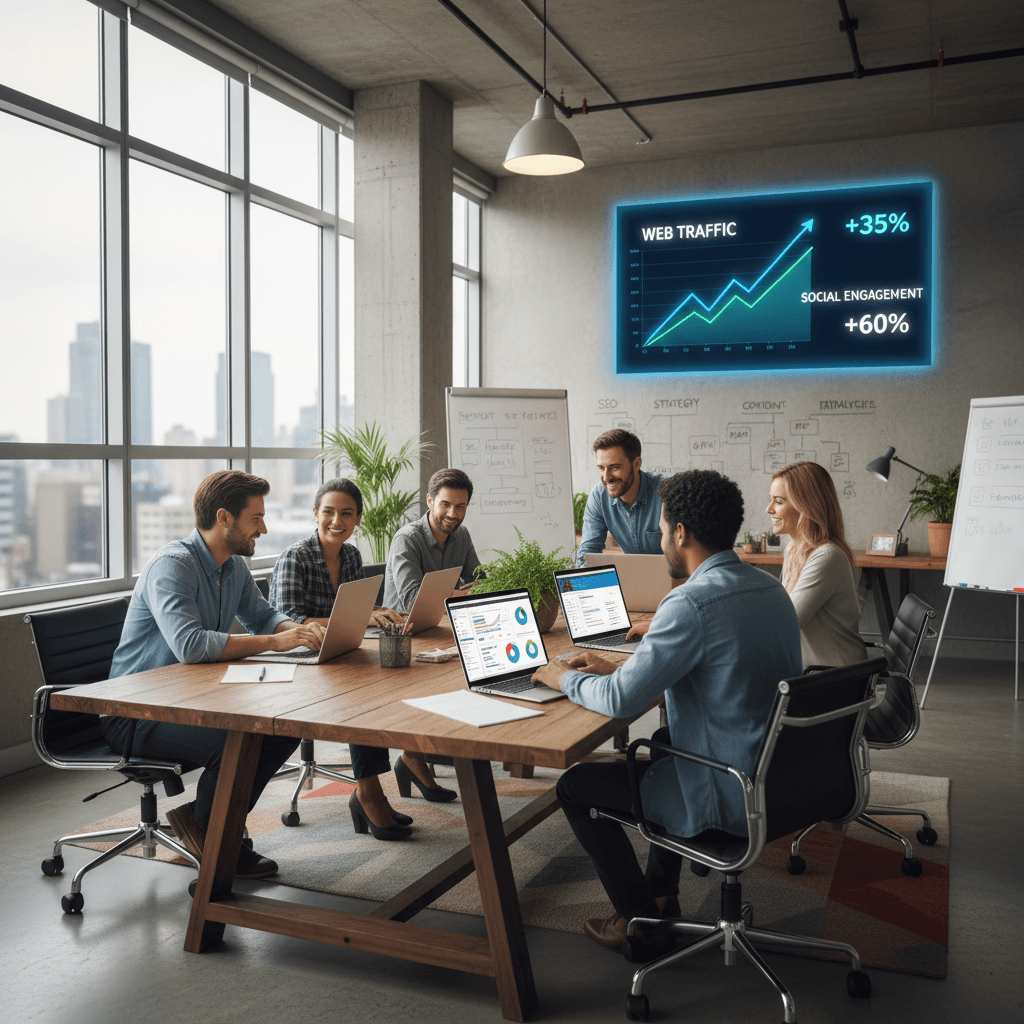 Team collaborating on digital marketing strategies with laptops and analytics