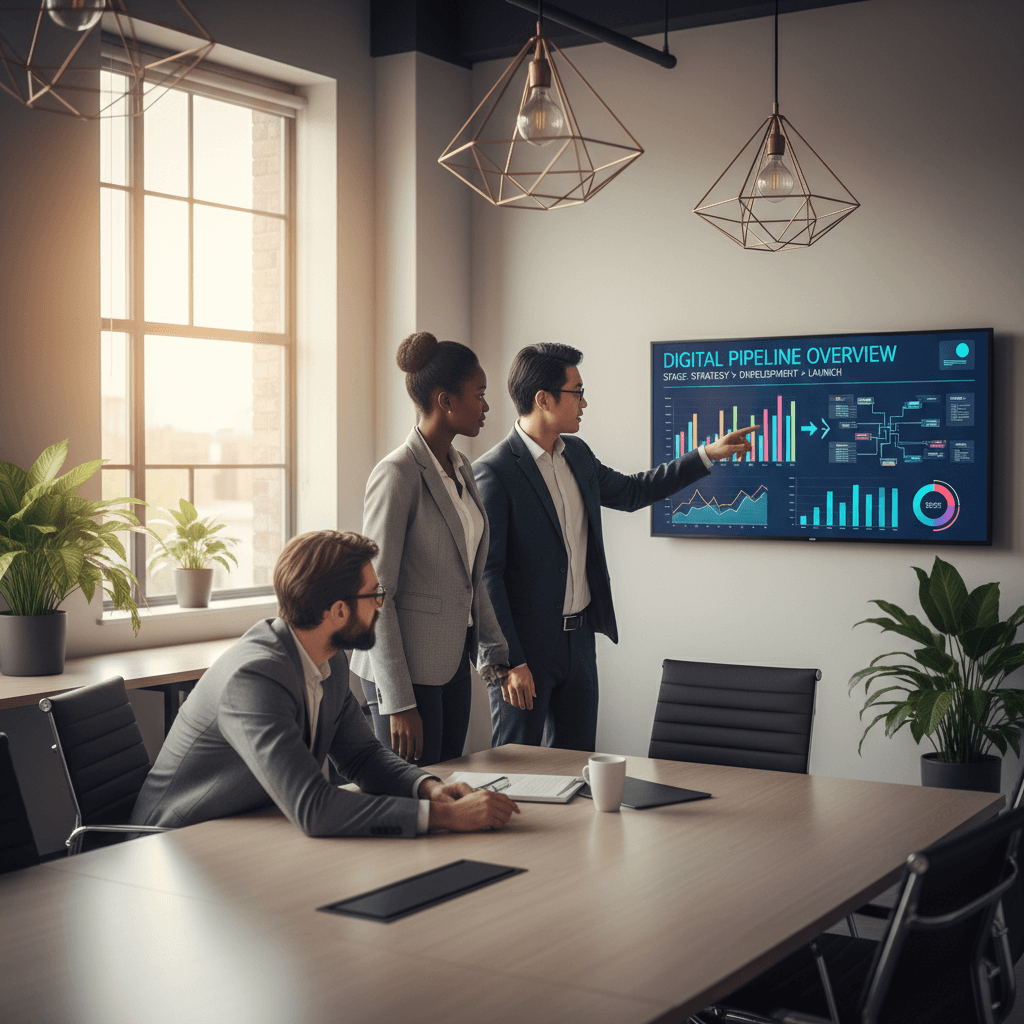 Business team reviewing digital pipeline management dashboard in a modern office setting