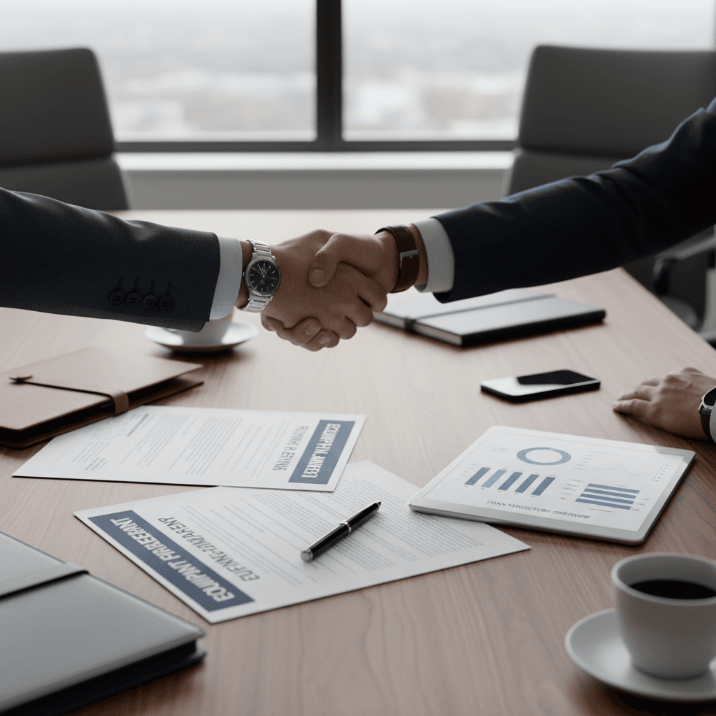 Two professionals shaking hands over equipment financing documents and tablet in modern boardroom setting