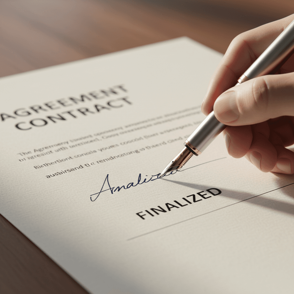 Close-up of professional hand signing important contract with quality pen on white document at wooden desk