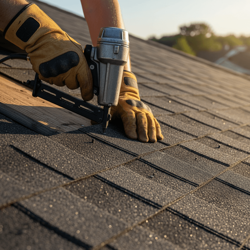Close-up of roofer's hands installing asphalt shingles with proper technique and precision on residential roof