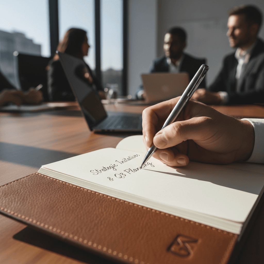 Close-up of business professional hands writing detailed notes in leather notebook during meeting