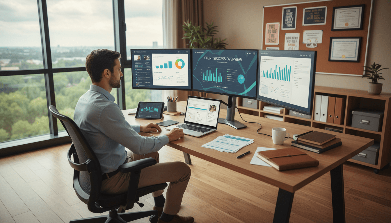 Service professional at modern office desk managing customer data and scheduling on multiple screens with natural lighting